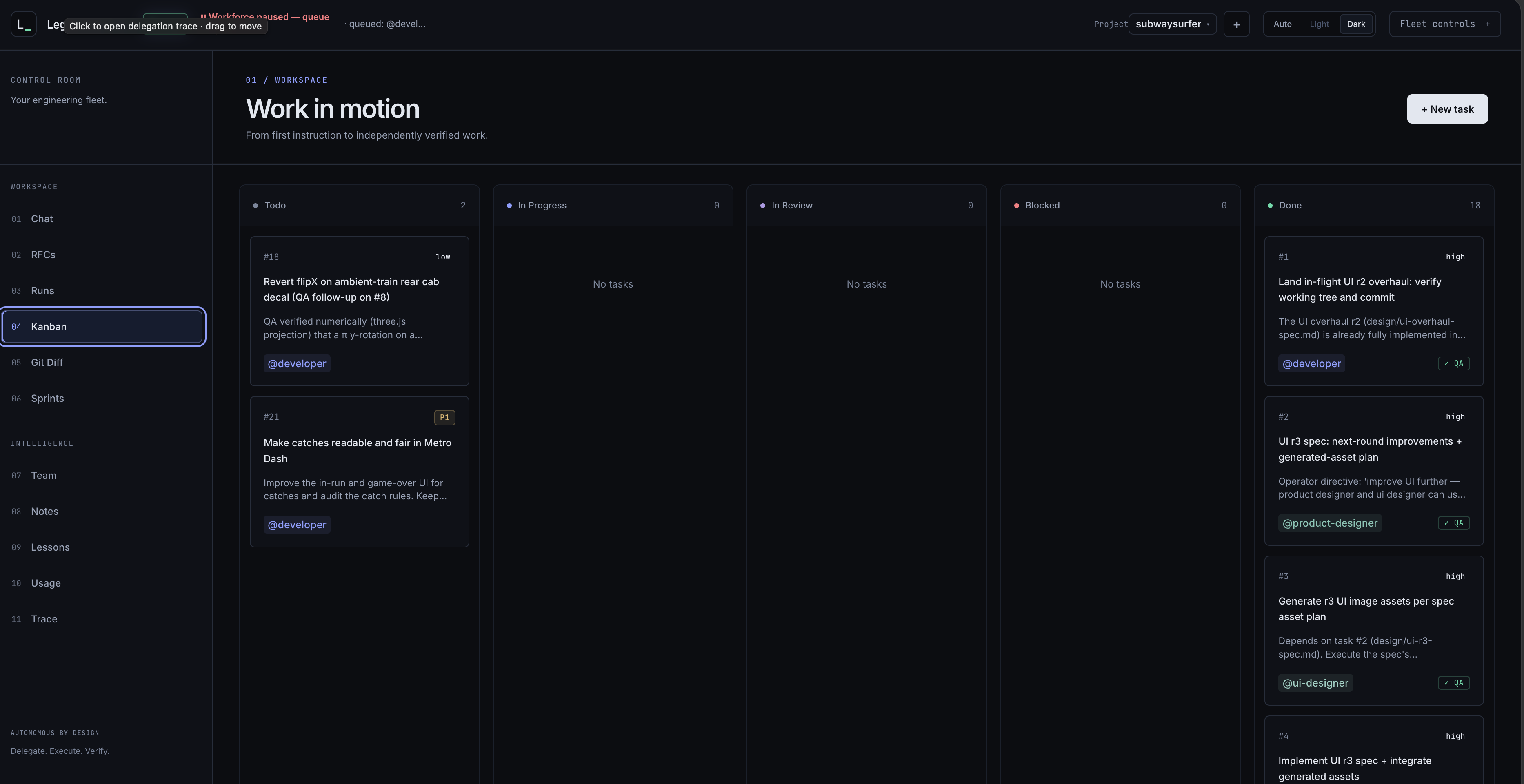 Actual Legion Board Kanban screen